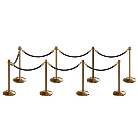 MONTOUR LINE Stanchion Post and Rope Kit Sat.Brass, 8 Crown Top 7 Black Rope C-Kit-8-SB-CN-7-PVR-BK-PB